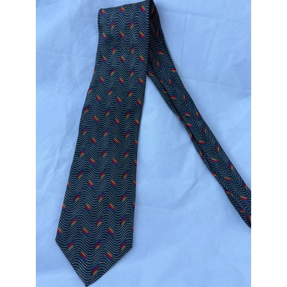 Stefano Milano Silk Tie Navy Blue Wavy Dotted Geometric Red Yellow Blue Italy